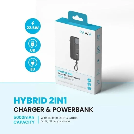 Pawa Hybrid 2-in-1 Charger & Power Bank with Built-in Cable & LED Display 5000mAh - Black